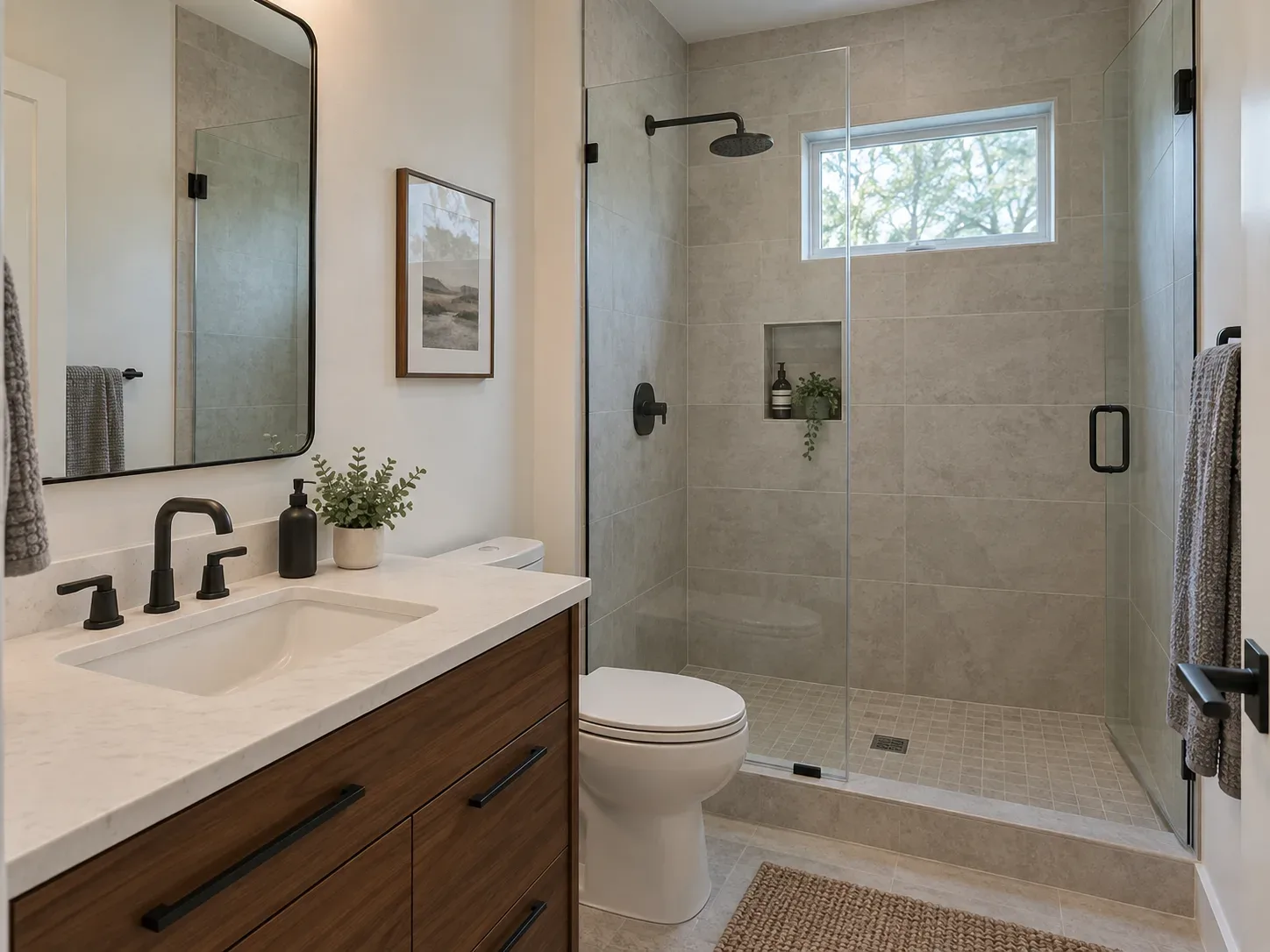 Remodeled bathroom with a wood-toned vanity, black fixtures and a tiled glass-enclosed shower