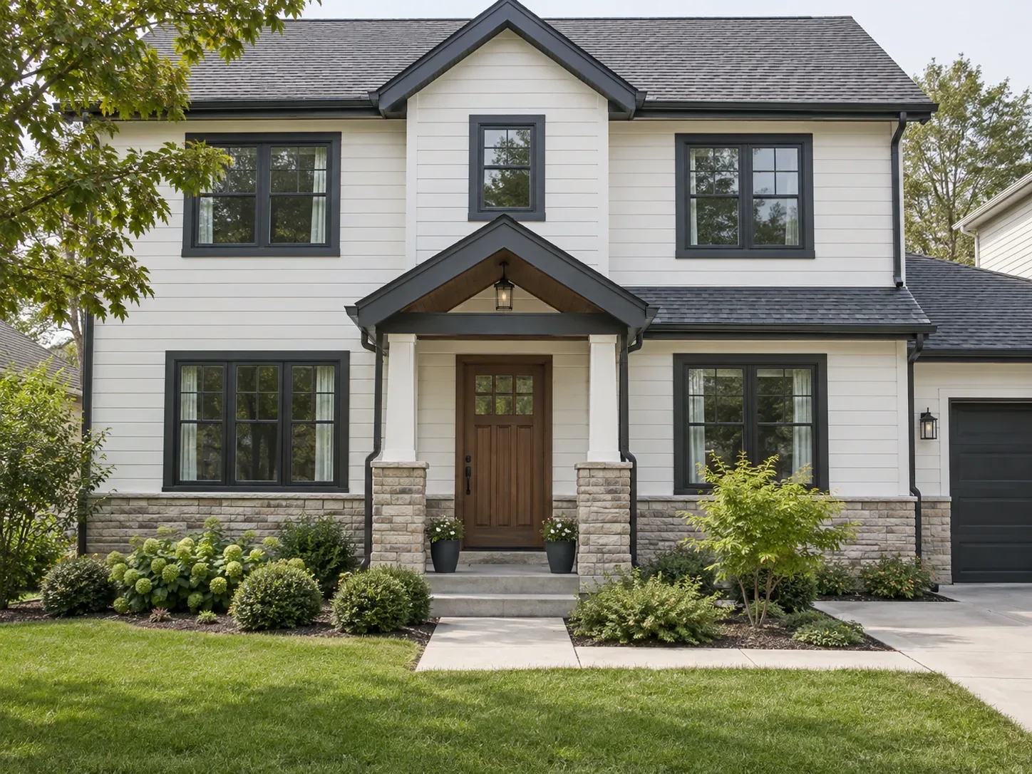New two-story home with a covered front entry, a stone base and dark-framed windows