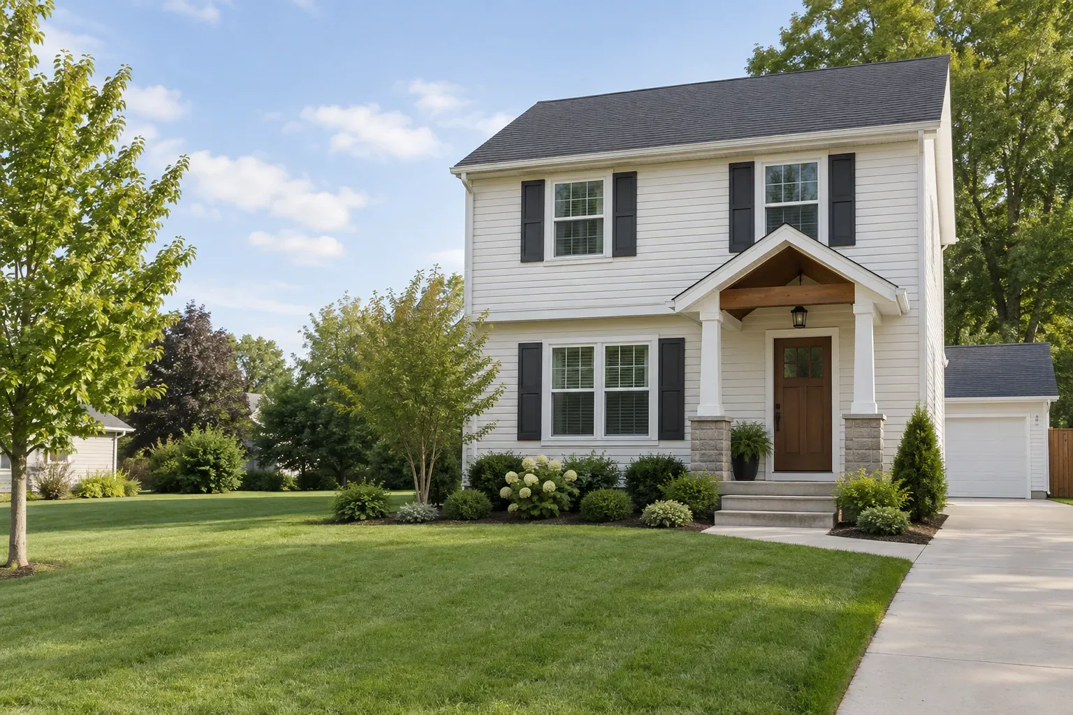 Two-story home with a gabled front porch, dark shutters and a garage to one side